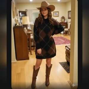 From Paris Argyle Brown Black Sweater Dress